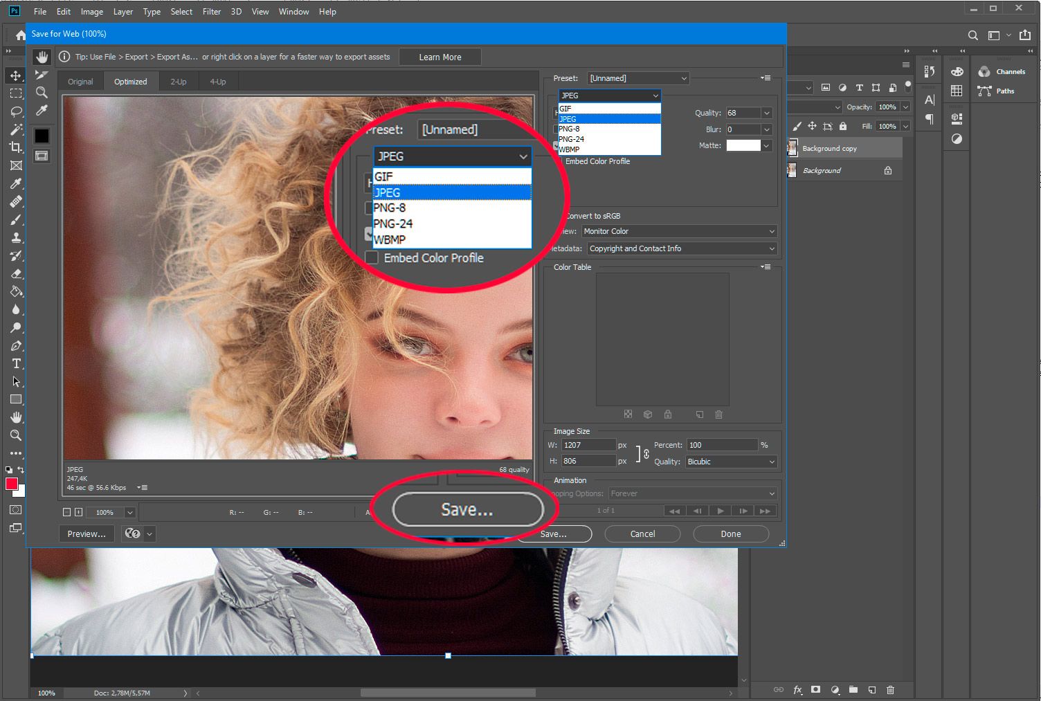 Adobe Photoshop. webre mentés PSD-ből jpg-be..