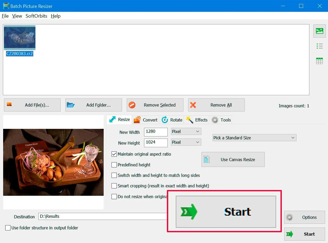 Cr2 konvertálása jpeg formátumba, 5. lépés: nyomja meg a start gombot..