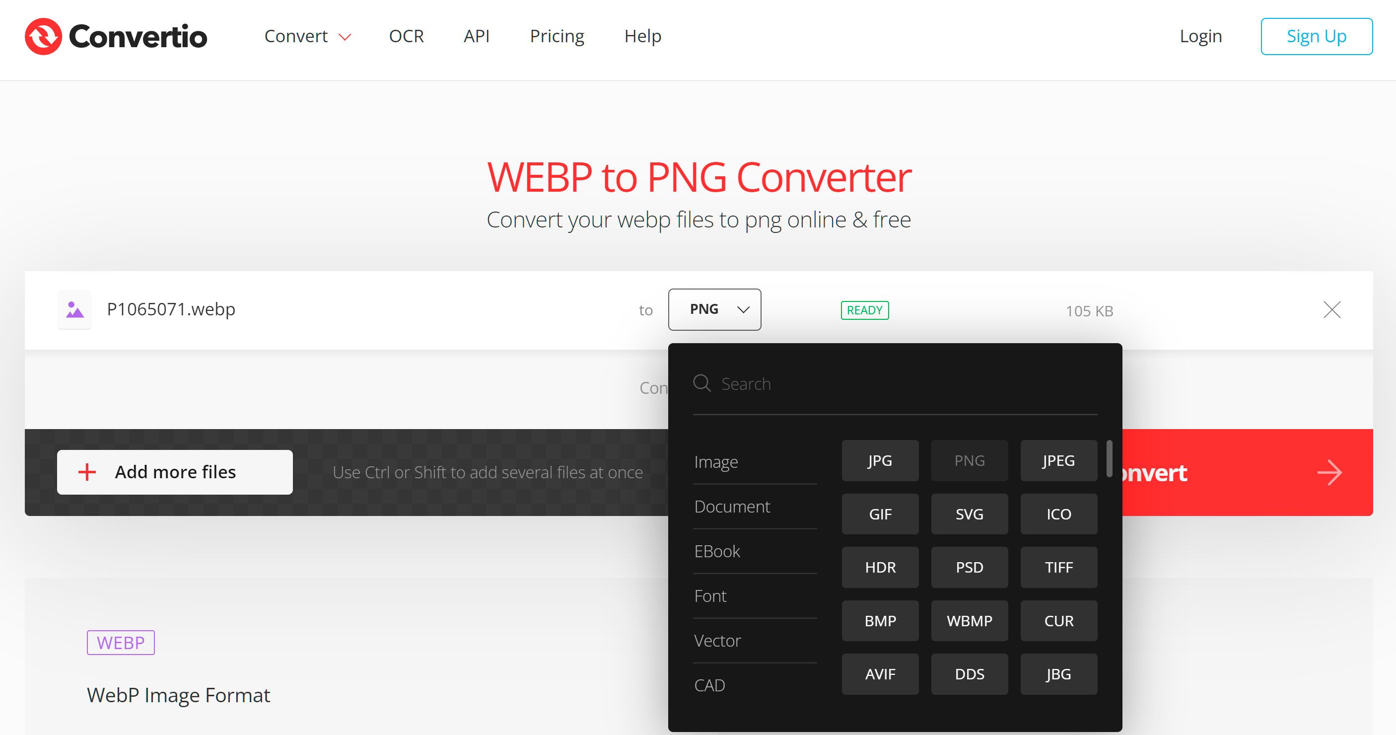 Válassza ki a PNG formátumot a WebP online konvertálásához..