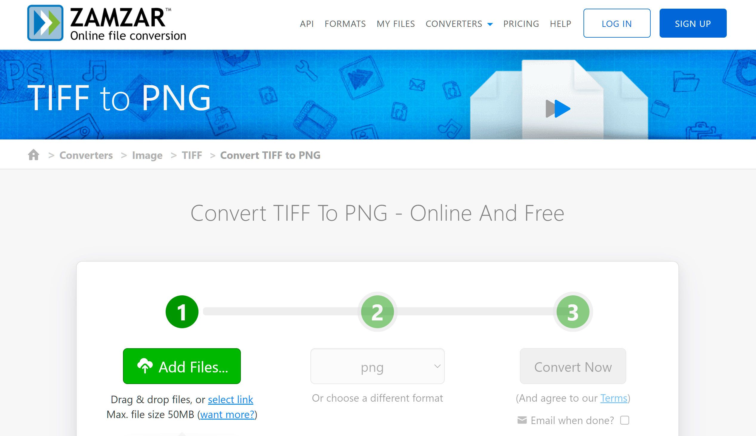 Nyissa meg az online átalakítót TIFF-ről PNG-re..