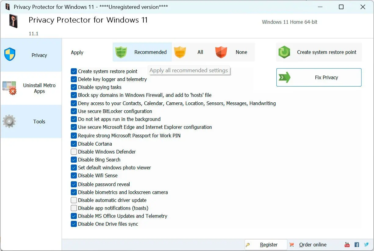 Privacy Protector for Windows 11 Képernyőkép.