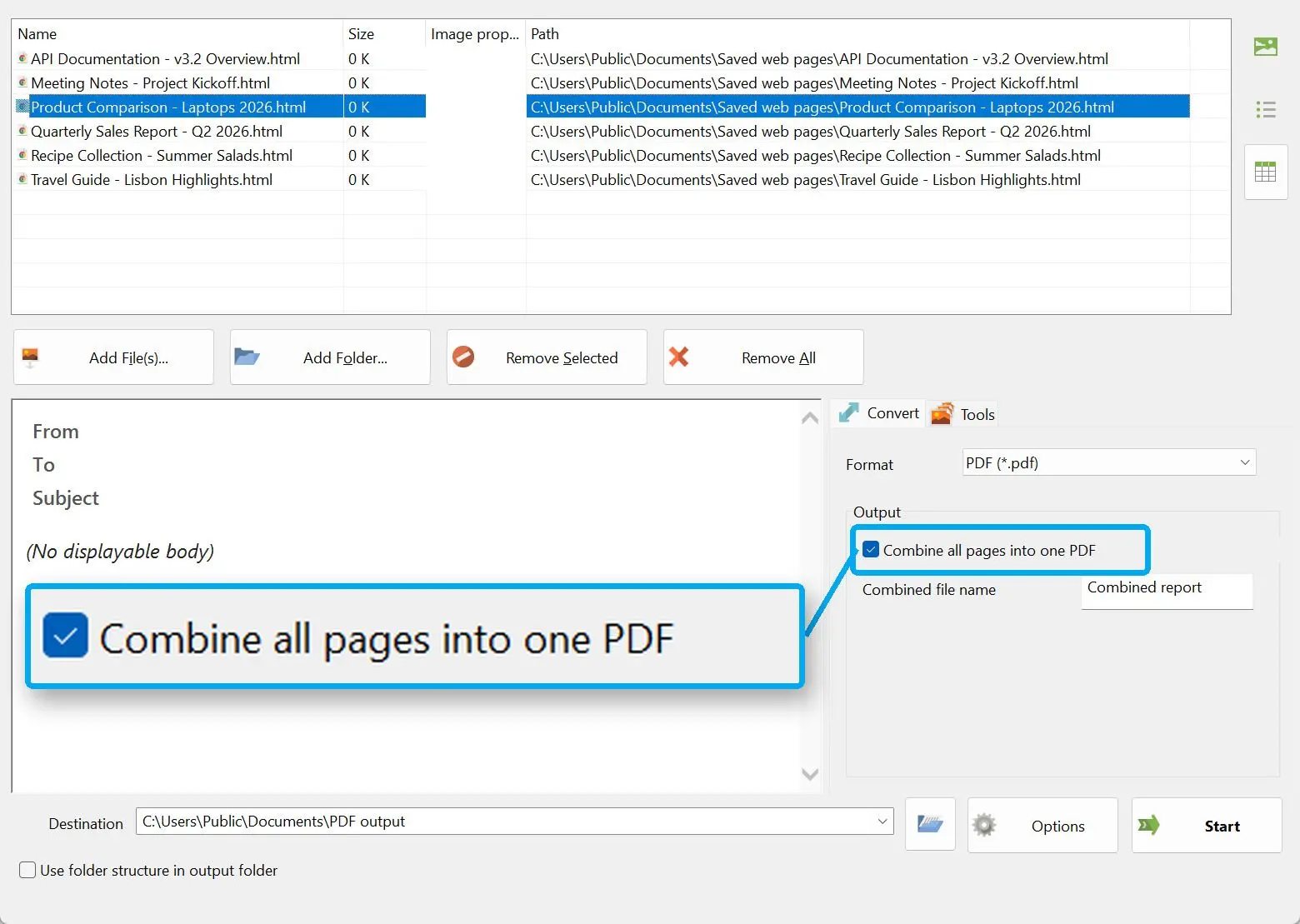 Jelölje be a "Minden oldal egyesítése egy PDF-be" opciót.