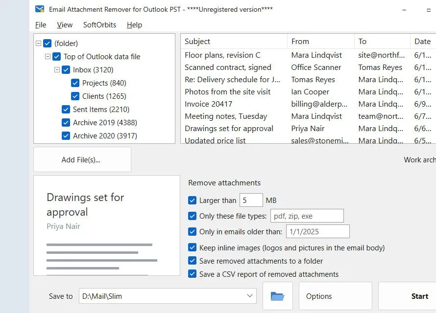 Email Attachment Remover for Outlook PST Képernyőkép.