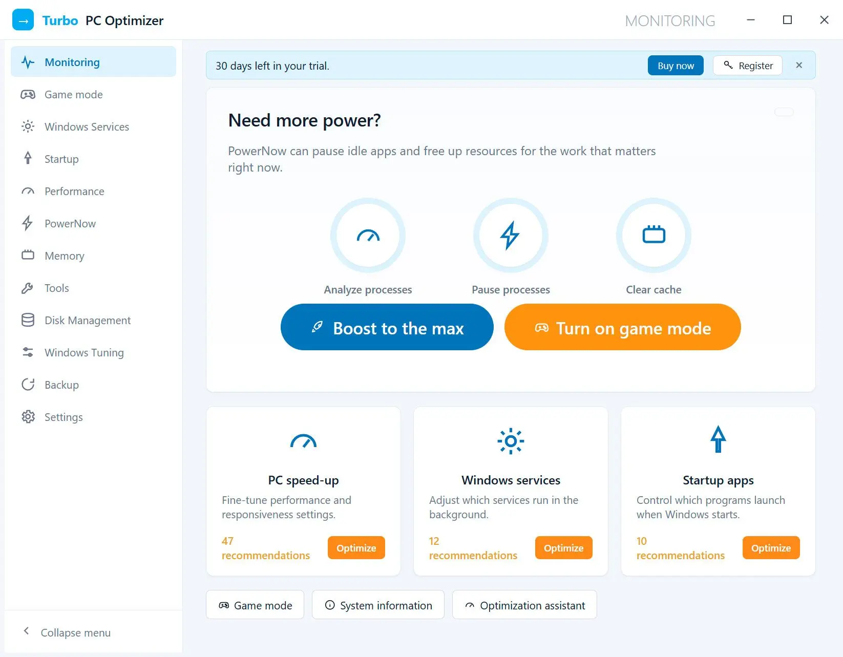 Turbo PC Optimizer Képernyőkép.