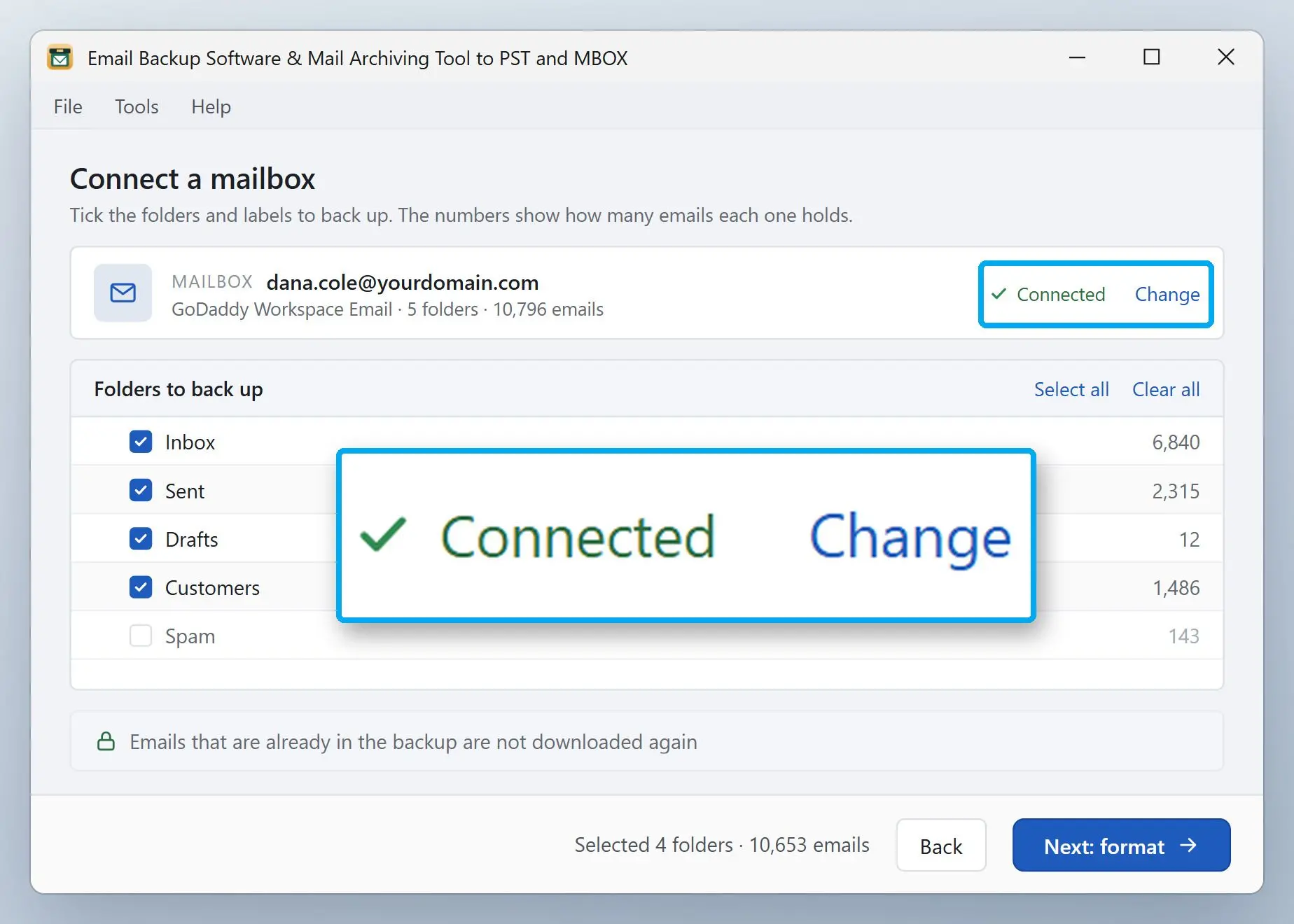 Email Backup Software & Mail Archiving Tool to PST and MBOX Képernyőkép.