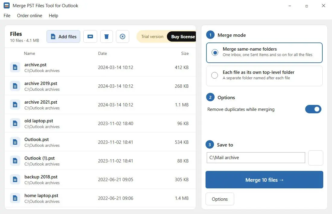 Merge PST Files Tool for Outlook Képernyőkép.