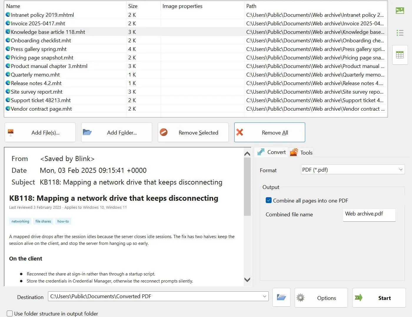 MHTML to PDF Converter Képernyőkép.