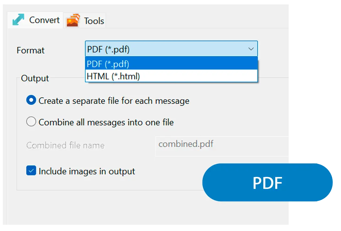 PDF vagy HTML formátum és a csoportosítás módjának kiválasztása.