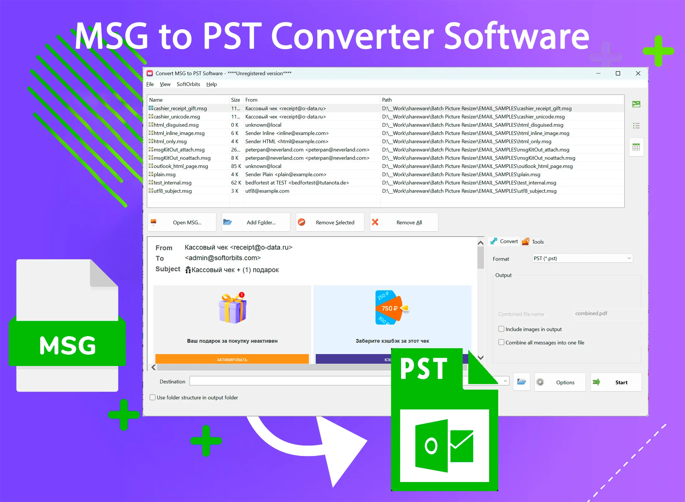 MSG to PST Converter Software Képernyőkép.