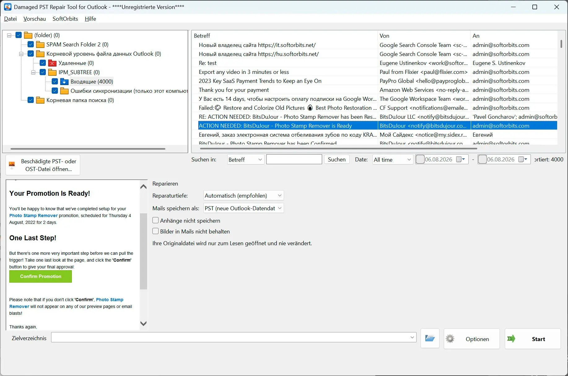 PST Repair Tool for Outlook Képernyőkép.