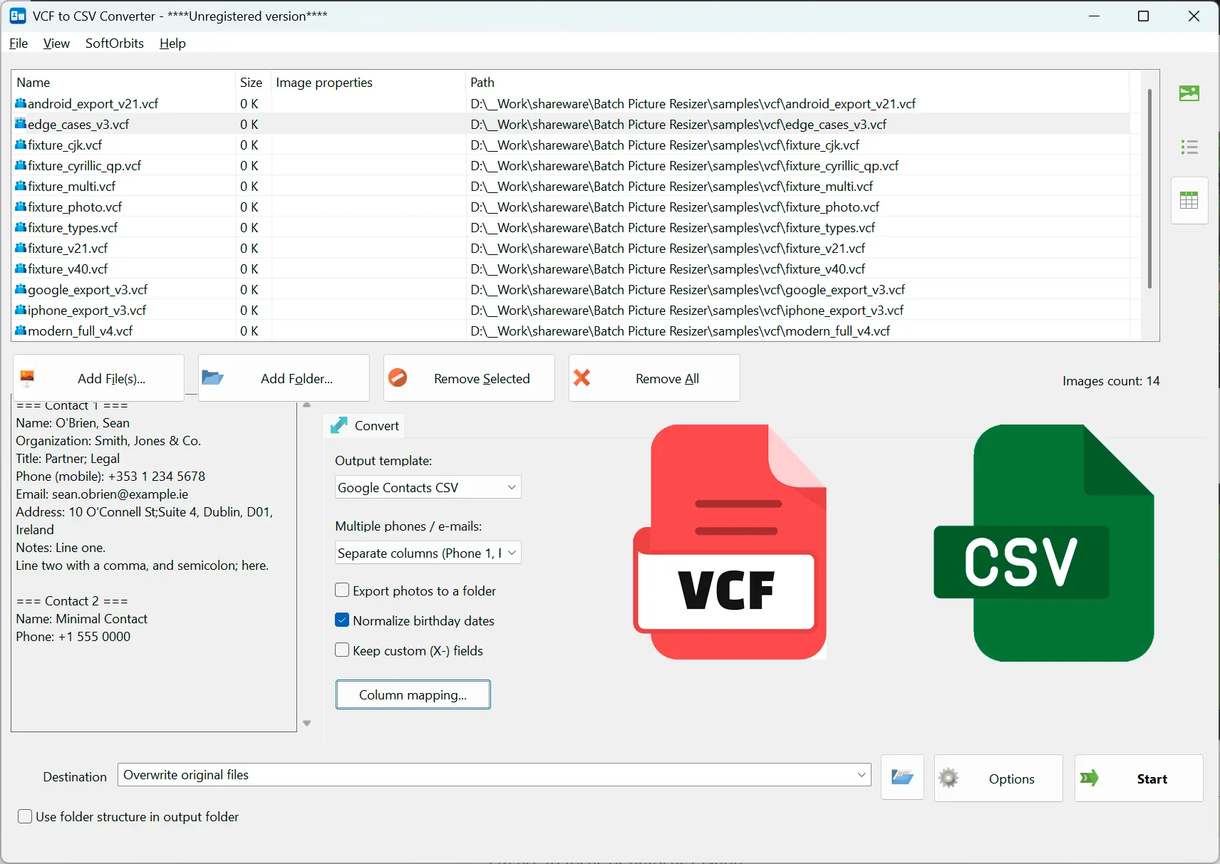 VCF to CSV Converter Software Képernyőkép.