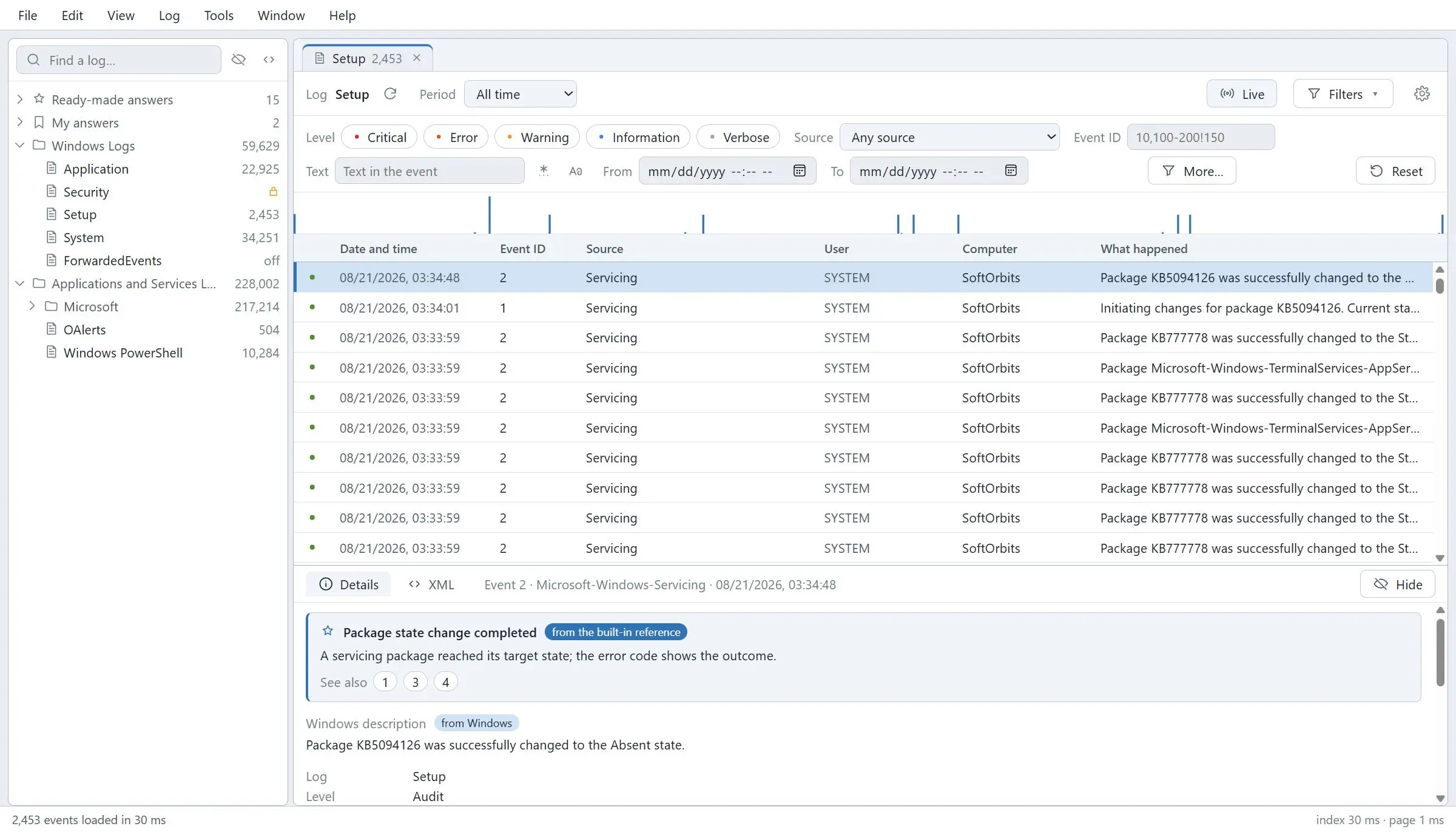 Windows Event Log Viewer Képernyőkép.