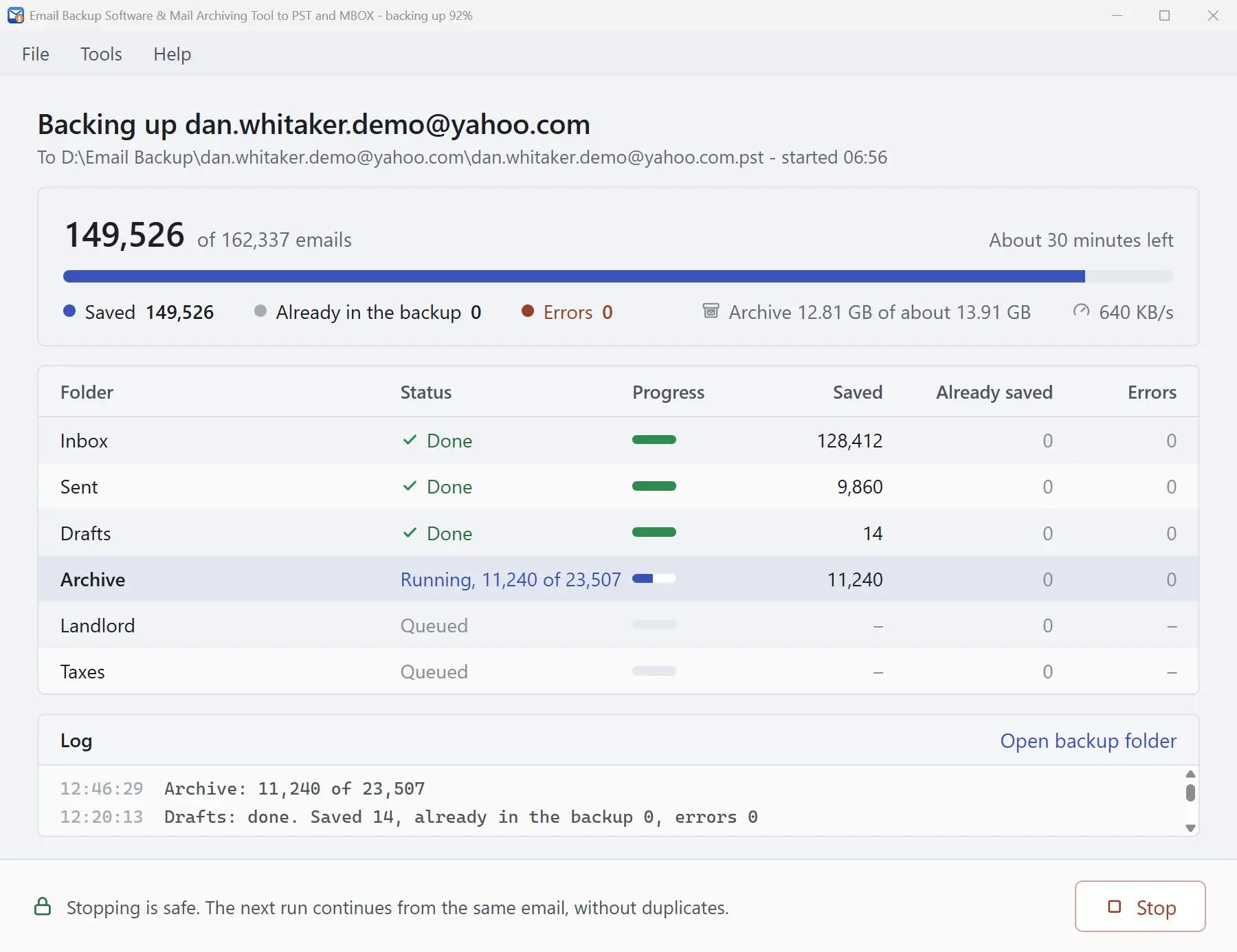 Email Backup Software & Mail Archiving Tool to PST and MBOX Képernyőkép.